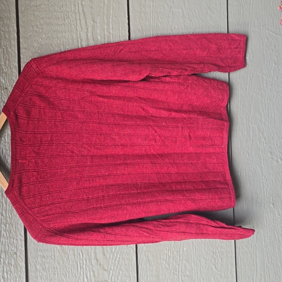 Eddie Bauer Red Ribbed At Fine Italian Merino Wool Henley Sweater Cropped Large - Picture 4 of 5